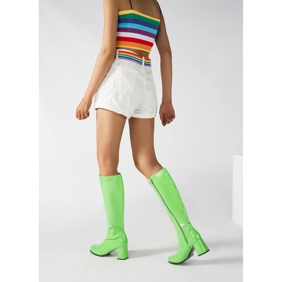 Women's Green Gogo Boots Knee High Block Heel Square Toe 60s 70s Disco Costume - Picture 2 of 7